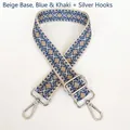 Detail of wide woven canvas strap with beige blue khaki geometric pattern and silver hooks - Beige Base Blue Khaki + Silver Hook