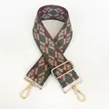 Detail of vintage geometric jacquard bag strap with adjustable gold lobster clasps - Dark-Green-Red-Beige Geometric (B89)