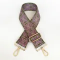 Detail of purple and olive green jacquard embroidered wide bag strap with gold hooks - Style B107 (Gold Hook)