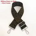 Detail of army green and black woven strap with silver swivel metal hooks and slider - Black Base Army Green + Silver Hook