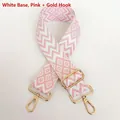 Detail of pink and white geometric woven nylon shoulder strap with gold metal hooks - White Base Pink + Gold Hook