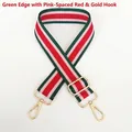 Close-up of adjustable striped nylon shoulder strap with golden metal spring hooks - Green Edge Pink/Red Stripe + Gold Hook