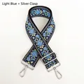 Detail of blue ethnic pattern bag strap with silver metal swivel hooks and adjuster - Light Blue-Silver Hook