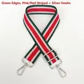 Close-up of adjustable striped canvas strap with silver metal swivel hooks and buckles - Green Edge Pink/Red Stripe + Silver Hook