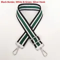 Detail of adjustable black, white, and green striped woven strap with silver metal hooks - Black Edge White/Green Stripe + Silver Hook