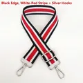 Detail of red, white and black striped canvas bag strap with silver metal hooks - Black Edge White/Red Stripe + Silver Hook
