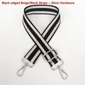 Detail of adjustable black and white striped canvas strap with silver metal hooks - Black Edge Black/Beige Stripe + Silver Hook