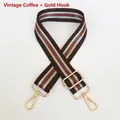 Detail of adjustable nylon bag strap with red-green stripes and gold metal hooks - Vintage Coffee + Gold Hook