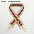 Detail of vintage khaki canvas bag strap with red and green stripes and gold hooks - Vintage Khaki + Gold Hook
