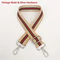 Detail of adjustable vintage khaki canvas strap with classic red and green stripes and silver hooks - Vintage Khaki + Silver Hook