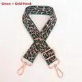 Detail of adjustable green leopard print bag strap with polished gold metal swivel hooks - Green + Gold Hook