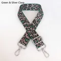 Detail of adjustable leopard print bag strap in green and beige with silver hooks - Green + Silver Hook