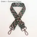 Detail view of adjustable green leopard print bag strap with gunmetal swivel hooks - Green + Gunmetal Hook