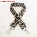 Close-up of khaki leopard print bag strap with silver metal hooks and adjustable buckle - Khaki + Silver Hook