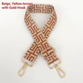 Close-up of cream and tan jacquard bag strap with adjustable golden metal hooks - Silver Hook / Beige Base Tan