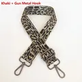 Detail of adjustable khaki leopard print bag strap with gunmetal lobster hooks - Khaki + Gunmetal Hook