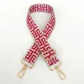 Close-up of ethnic style beige and magenta canvas bag strap with golden metal hardware - Silver Hook / Beige Base Rose Red