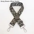 Detail of army green leopard pattern wide bag strap with polished silver metal hooks - Army Green + Silver Hook