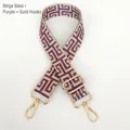 Detail of adjustable beige and purple geometric jacquard bag strap with gold lobster clasps - Silver Hook / Beige Base Purple