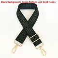 Detail view of ethnic canvas bag strap in black and green with gold swivel metal hooks - Silver Hook / Black Base Green