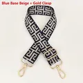 Detail of adjustable geometric jacquard bag strap with gold metal lobster clasps - Silver Hook / Blue Base Cream White