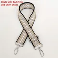 Close-up of khaki geometric jacquard woven bag strap with silver metal hooks - Black Edge Khaki + Silver Hook