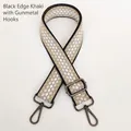 Close-up of khaki jacquard grid bag strap with durable black trim and gunmetal hardware - Black Edge Khaki + Gunmetal Hook