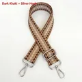 Close-up of khaki checkered woven strap with silver swivel hooks and adjustable buckle - Dark Khaki + Silver Hook