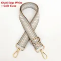 Detail of adjustable khaki and green plaid wide replacement strap with gold metal hooks - Khaki Edge White + Gold Hook
