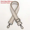 Detail view of khaki geometric jacquard strap with gunmetal lobster clasps - Khaki Edge White + Gunmetal Hook