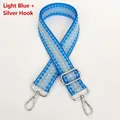 Detail of light blue and grey checkered woven strap with silver metal swivel hooks - Light Blue + Silver Hook
