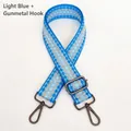 Detail of light blue plaid woven bag strap with gunmetal swivel hooks and slider - Light Blue + Gunmetal Hook