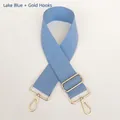 Detail of lake blue wide woven canvas bag strap with adjustable gold metal buckle - Gun Black Hook / Lake Blue
