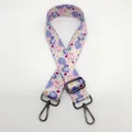Detailed close-up of floral print wide fabric strap with gunmetal swivel hooks and buckle - Style 1 (Floral) + Gunmetal Hook