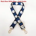 Close-up of adjustable polka dot bag strap with golden lobster claws and fabric texture - Black Base White-Blue + Gold Hook