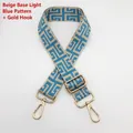Detail of adjustable beige and light blue geometric canvas strap with gold metal hooks - Silver Hook / Beige Base Light Blue