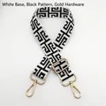 Adjustable black and white geometric canvas bag strap with gold metal lobster clasps - Silver Hook / White Base Black