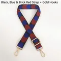 Adjustable woven canvas shoulder strap with blue and brick red circular patterns and gold hooks - Black/Blue/Brick Red + Gold Hook