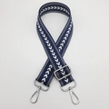 Detail showing navy nylon strap with white arrow pattern and silver metal swivel lobster hooks - Blue + Silver Hook