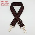 Detail view of adjustable canvas bag strap with coffee geometric pattern and gold hardware - Silver Hook / Black Base Light Coffee