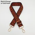 Adjustable canvas shoulder strap with orange and black Greek key geometric pattern and gold hooks - Silver Hook / Black Base Orange