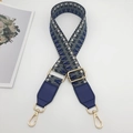 Adjustable wide woven shoulder strap with blue geometric jacquard and gold hardware - Silver Hook / Dark Grey Blue / Blue Leather