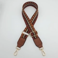 Adjustable retro ethnic geometric woven bag strap with golden metal hooks and brown leather ends - Silver Hook / Orange Black Red / Brown Leather