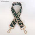 Close-up of wide green and beige zebra pattern canvas strap with gold metal hooks - Style 5 (No. 5) / Gold Hook