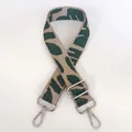 Close-up of wide green and beige woven strap with silver metal hooks and buckle - Style 5 (No. 5) / Silver Hook