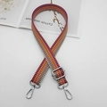 Close-up of adjustable colorful woven canvas strap with silver metal buckle and hooks - Orange Purple With Silver Hook