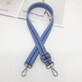 Detail of adjustable blue and white striped canvas strap with silver metal buckles - Lake Blue And White With Silver Hook