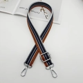Detail view of adjustable navy and orange striped canvas strap with silver metal swivel hooks - Blue Orange With Silver Hook