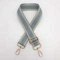 Détail d'une bandoulière tissée bleue et beige avec fermoirs métalliques dorés et mousquetons - Crochet en Métal Doré / Bleu Brume