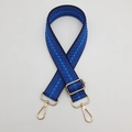 Detail of blue diamond woven wide bag strap with golden swivel snap hooks and buckle - Gold Hook / Klein Blue